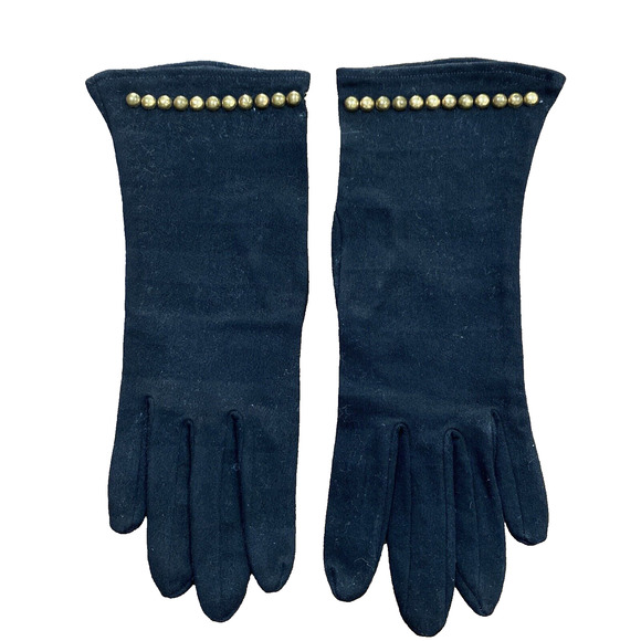 Vintage Black Fabric Driving Gloves Brass Studs Wrist Length Cotton Mid Century - Picture 1 of 8